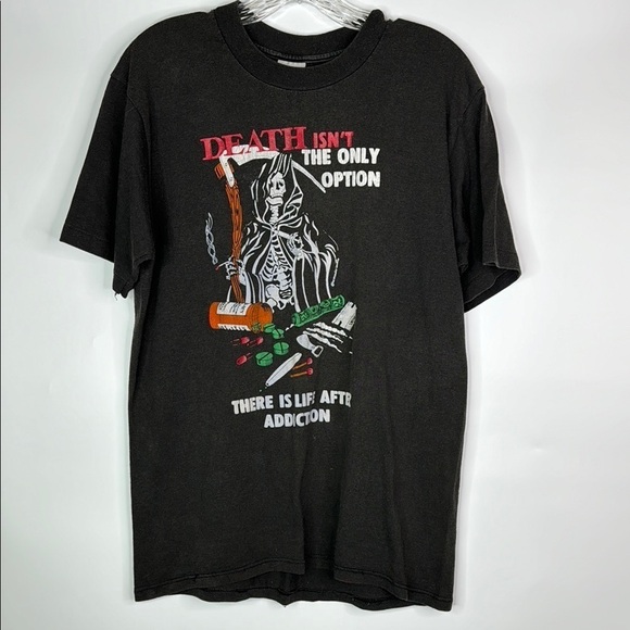 Vintage Stedman Black Grim Reaper Drug Free Addiction Tshirt Large - Picture 1 of 10